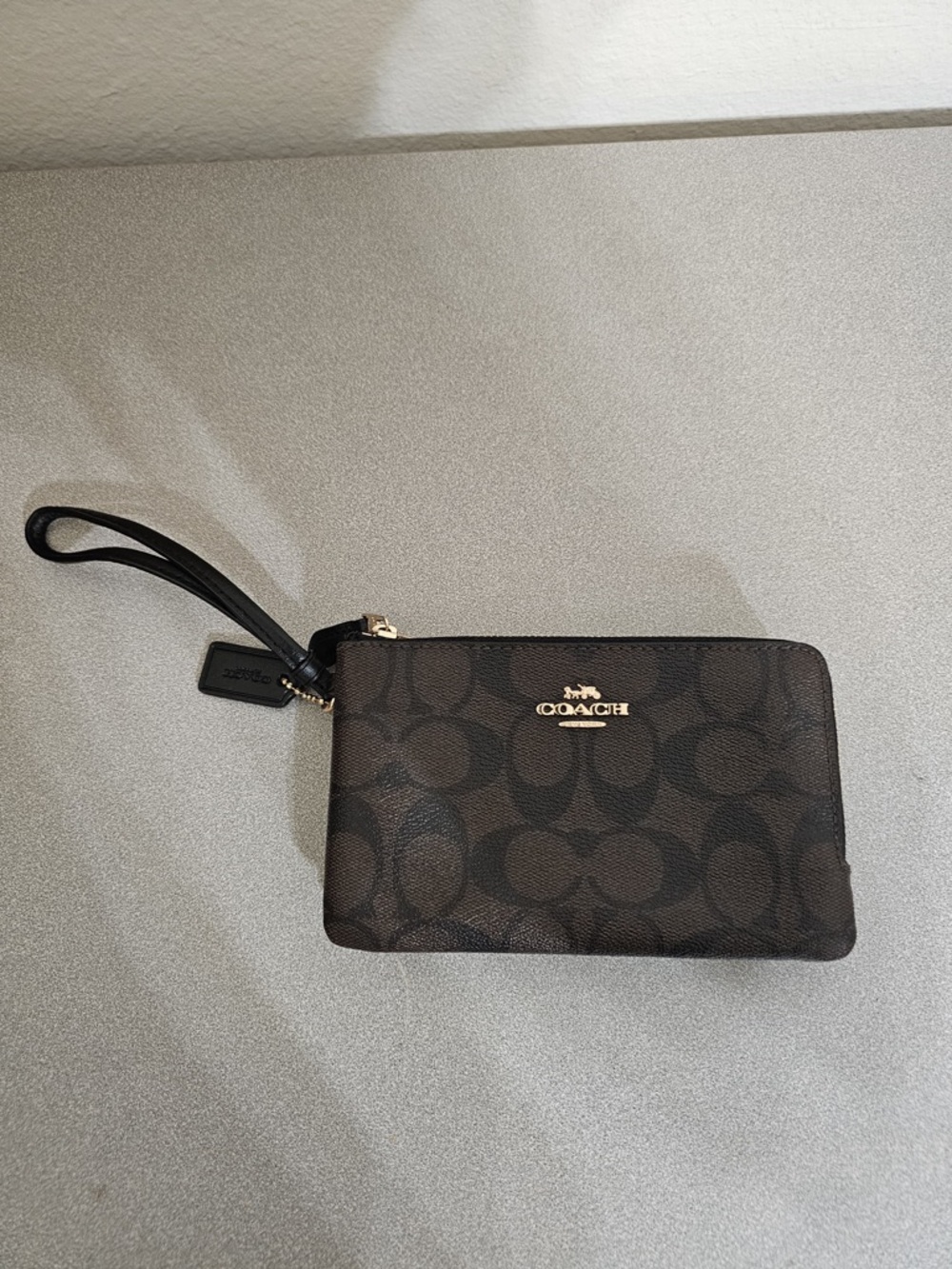 Coach Brown and Black Signature Zip Wristlet with Gold Logo